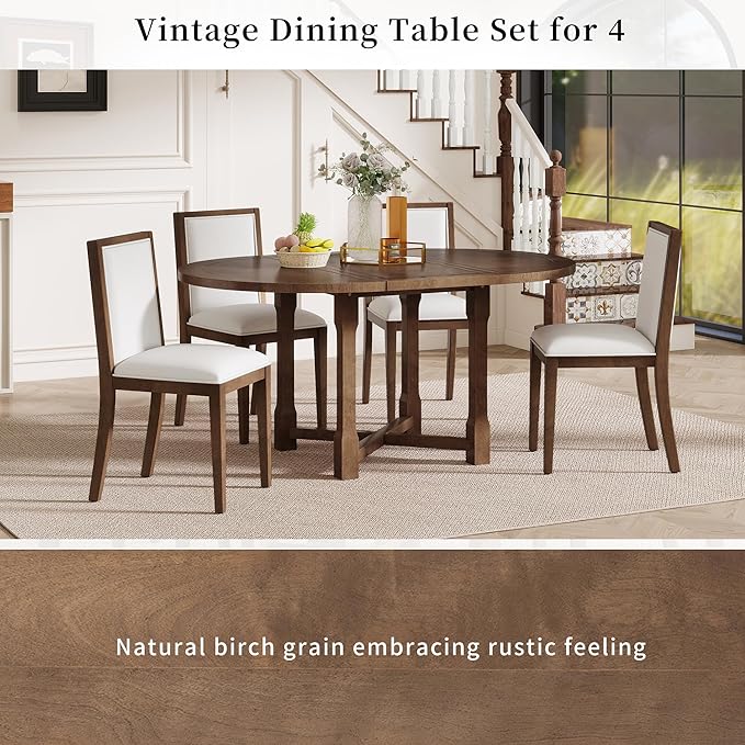 Ball & Cast Farmhouse 5 Pieces Dining Table Set with 4 Upholstered Chairs,Wooden Living Room Furniture for 4 W/ 57.7" Extendable Dining Table,Easy Assemble&Clean,for Dining Room,Bistro,Apartment,Brown