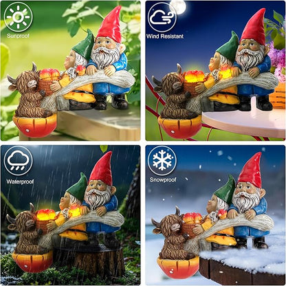 Garden Gnomes and Highland Cow Statue with Mushroom Solar Light, Couple Gnome Figurine for Outdoor Patio Lawn Porch Yard Edge Shelf Sitter Decoration, Garden Knome Holiday Indoor Decor, Love Gift