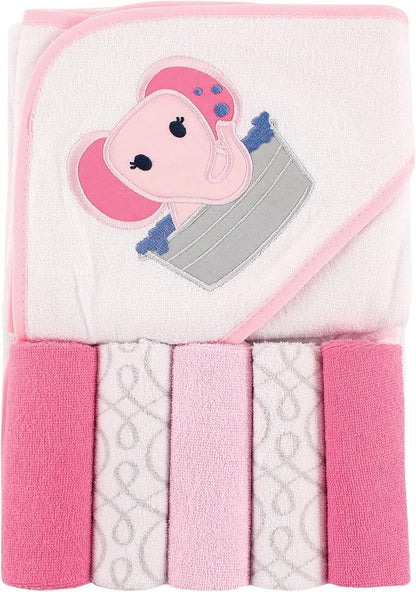 Luvable Friends Unisex Baby Hooded Towel with Five Washcloths, Pink Elephant, One Size