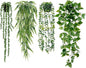 Sggvecsy Fake Hanging Plants 4 Pack Artificial Hanging Plants Fake Potted Greenery Faux Eucalyptus Vine String of Pearls Boston Fern Ivy Vine Leaves for Home Indoor Outdoor Shelf Wall Garden Decor