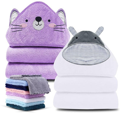Cute Castle 2 Pack Hooded Baby Towel Rayon Made from Bamboo with 8 Washcloths - Soft Bath Towel for Bathtub for Babie, Newborn, Infant, Natural Baby Stuff Towel (Hippo and Cat)