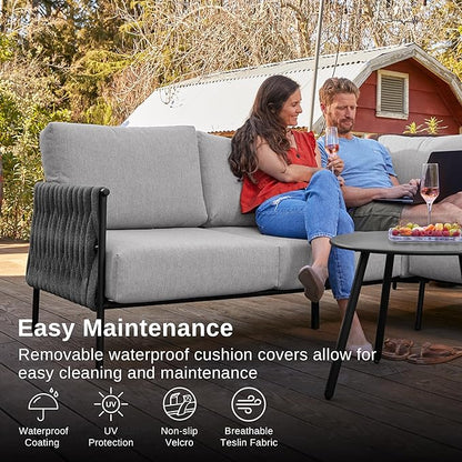EAST OAK Life Chatter Patio Furniture Set, Outdoor Furniture Sectional Sofa Set with Round Coffee Table, 4 Seats Sofa Deep Seating with Thick & Washable Cushions, Black & Grey
