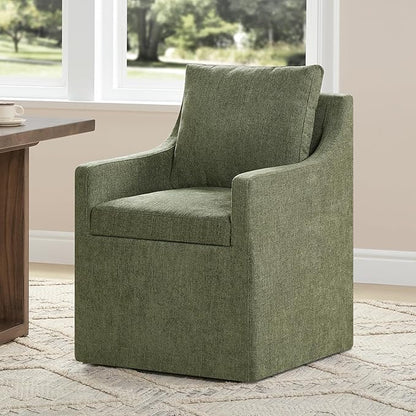 Upholstered Dining Chairs with Casters Easy Assembly Side Deskchair with Rollers for Diningroom Living Room, Green, 1 Box
