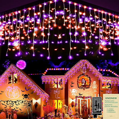KNONEW Orange Purple Halloween Lights 33FT 400 LED String Lights Outdoor with 75 Drops, 8 Lighting Modes, Timer Memory Function Connectable Hanging Curtain Lights for Halloween Party Decor