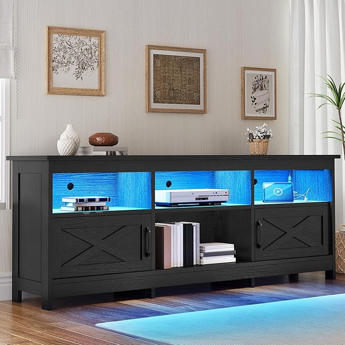 YITAHOME TV Stand for 80/75/70 Inch TVs with LED Lights, Farmhouse Entertainment Center with Storage Cabinets, Open Shelves & Adjustable Shelf for Living Room, Black