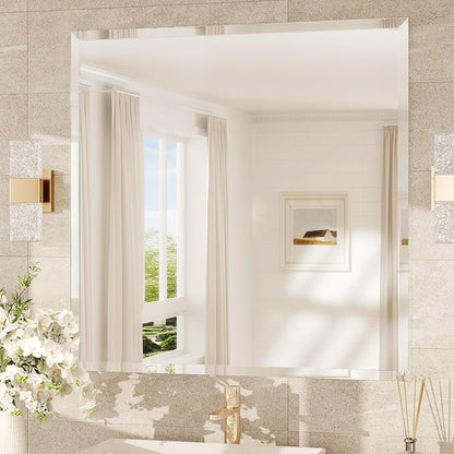 TokeShimi 36x36 Beveled Mirror Frameless Tempered, Rectangle Bathroom Mirror with 1" Beveled Edge, Shatterproof Bathroom Vanity Mirrored Wall Mounted for Living Room, Entryway, Restroom
