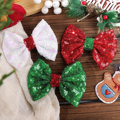 Christmas Hair Accessories - Sequins Bows Alligator Clips with Clips for Girls, Women, Toddlers in Red, White, Green