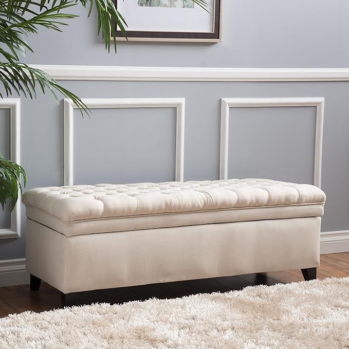 Ball & Cast 50" Upholstered Storage Ottoman with Button-Tufted Diamond Stitching,End Bench w/Uses Pressure Hinges and Legs,Versatile Entryway Footrest Stool for Living Room & Bedroom,Beige
