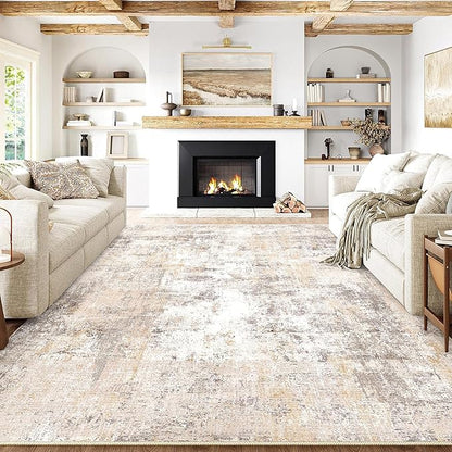 12x15 Washable Area Rug Beige Grey Neutral Abstract Living Room Bedroom Large Throw Rug Non Slip Soft Low Pile Indoor Floor Carpet for Dining Room Kitchen Office Entryway