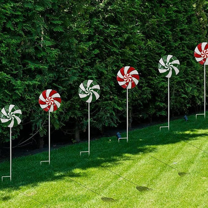 5pcs Wind Spinners Metal Colorful Flowers Garden Stake, Christmas Lollipop Pinwheels, 27" Metal Windmill Yard Art Lawn Ornaments Outside Decorations, Christmas Outdoor Decorations Gift