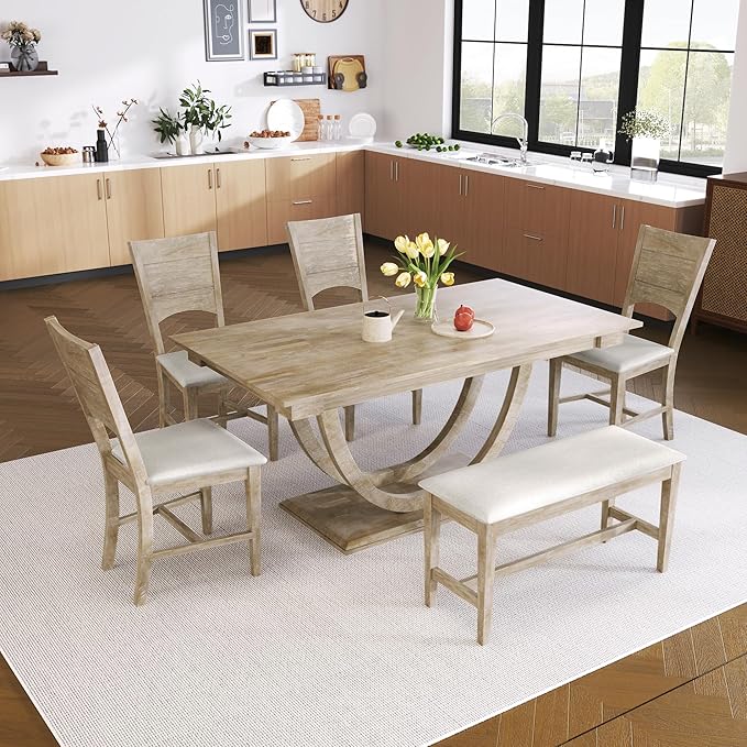 Ball & Cast 6 Piece Dining Table Set with 4 Upholstered Chairs & 1 Bench,Wooden Living Room Furniture for 6 W/ 59.1" Rectangle Kitchen Desk,for Restaurant,Home Bistro,Natural Wood