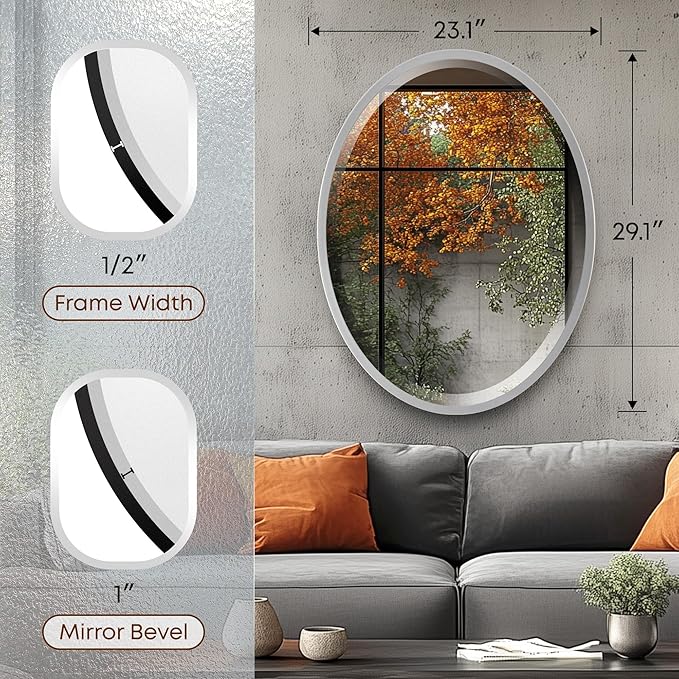 OVALCREST - Oval Wooden Beveled Wall Mirror for Home Decor, Bathroom, Vanity, Bedroom, Living Room, Hallway - London Style (Silver Spray) 23.1 x 29.1
