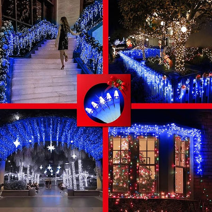 612 LED 60FT Christmas Lights with 136 Drops, 12 Modes Dimmable Blue Outdoor Hanging Lights with Timer Memory, Waterproof Curtain Lights for Home Bedroom Yard Indoor Tree Window Roof Fence Wedding