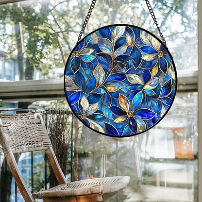 Stained Glass Window Hanging - Blue Gold Abstract Flowers Suncatcher for Door Terrace Garden Home Decor, Plant Sun Catcher Birthday Gifts for Lovers Women Men Dad Mom Nana 15 in