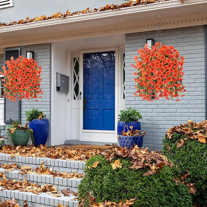 Ivydale 2 PCS Artificial Fall Hanging Flowers Fake Plants Outdoor,Silk Morning Glory Faux Flowers with Eucalyptus,UV Resistant Realistic Petunias Plants for Home Garden Decor (Orange(Leaves Green))