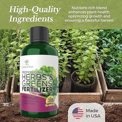LEAVES AND SOUL Professional Liquid Herbs and Greens Fertilizer | 5-1-5 Concentrate, Liquid Plant Fertilizer for Garden, Healthy Produce, Good Harvest, Multi-Purpose Blend & Gardening Supplies | 8 oz