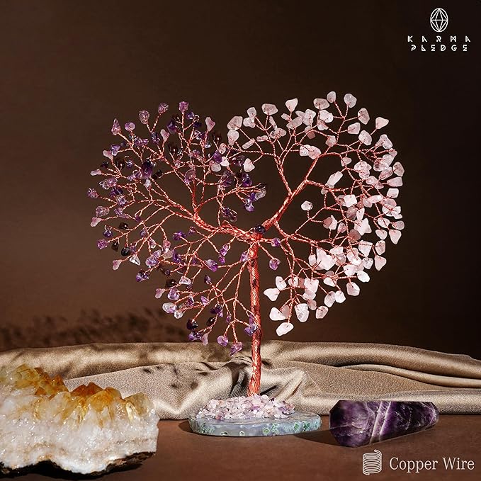 Crystal Tree for Home and Office Decoration, Amethyst & Rose Quartz Healing Stones Handmade Tree of Life for Positive Energy, Money, Good Luck, Christmas Decor, Birthday Gifts for Women, Mom