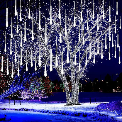Kwaiffeo Christmas Lights Outdoor, 8 Tubes Meteor Shower Lights LED Snow Falling Icicle Cascading Light for Xmas Tree Wedding Decoration Party, UL Plug, White