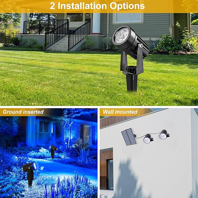 Blue Solar Spot Lights Outdoor,2 Pack Solar Landscape Spotlights IP65 Waterproof 9.8ft Cable, Auto On/Off Outdoor Wall Lights for Garden Yard Driveway Porch Walkway Pool (1-in-1)