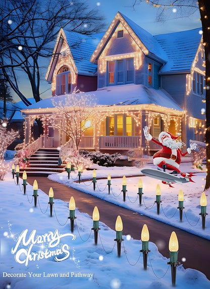 C9 Christmas Pathway Lights Outdoor, 25.7 Feet 20 LED C9 Strawberry Walkway Lights with Marker Stakes, Connectable Shatterproof C9 String Lights for Lane Outside Yard Decorations, Warm White, 2 Pack