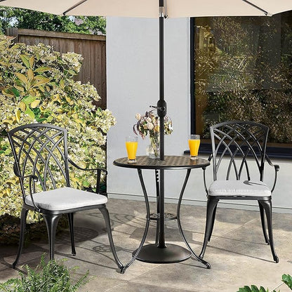 NUU GARDEN Bistro Set 3 Piece Outdoor Cast Aluminum Patio Bistro Set Patio Table and Chairs Set of 2 with Umbrella Hole and Gray Cushions, Black