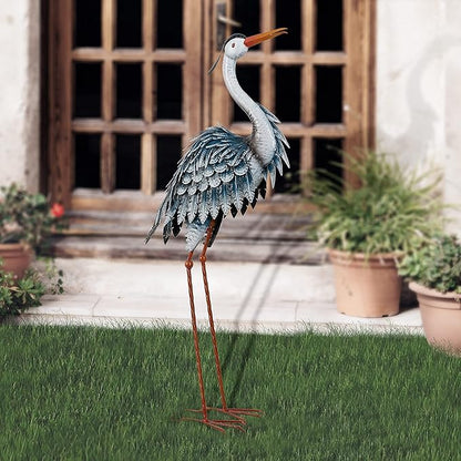 TERESA'S COLLECTIONS Garden Decor Blue Heron Sculptures & Statues Decor, 33.8 Inch Coastal Metal Cranes Decoy for Outdoor Outside Yard Art Patio Pond Pool Lawn Decorations,Housewarming Gift