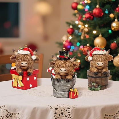 Christmas Highland Cow Figurines Decor, 3 PCS Small Christmas Cows Hidden in Barrel/Bucket/Gift Box, Hanging Ornaments Xmas Resin Statue for Garden Bathroom Kitchen Home Table Decorations