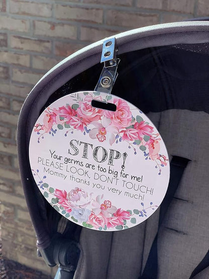 (Three Little Tots) No Touching baby Car Seat and Stroller TWO PACK- Baby Safety No Touching Car Seat Sign, Stroller Sign, Newborn Car Seat Tag- CPSIA Safety Tested (Flower/Woodlands)