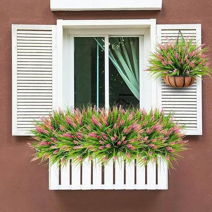 Sggvecsy 12 Bundles Artificial Plants Outdoor Faux Lavender Flowers Fake Monkey Grass UV Resistant Plastic Greenery Plants for Garden Home Porch Window Patio Hanging Planter Indoor Decor(Pink)