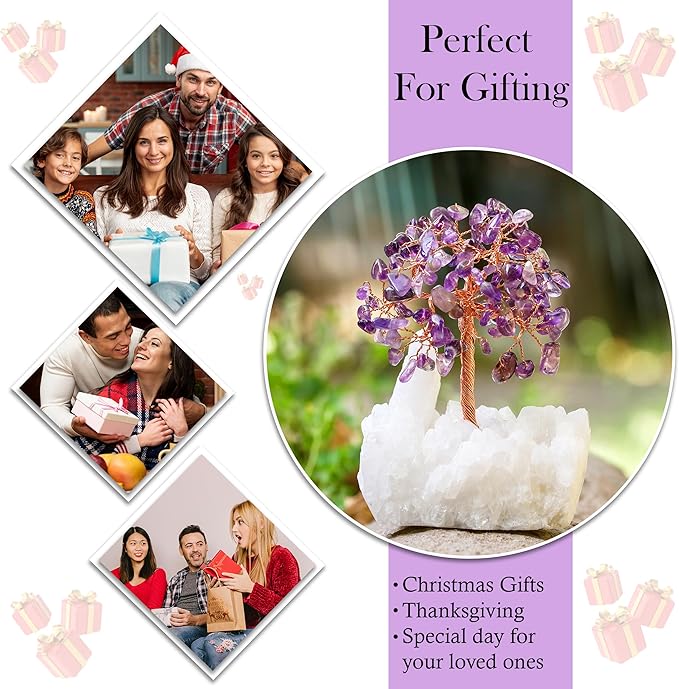 Amethyst Crystal Tree of Life with White Aura Base – Gemstone Tree for Shelf & Home Bedroom Decor – Crystals and Healing Stones, Cute Purple Birthday Gifts & Housewarming Gifts for Women Mom Sister