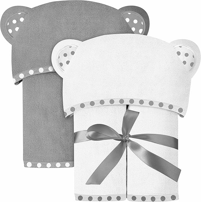 Set of 2 Hooded Baby Towels – White and Grey – Luxurious, Large and Super Absorbent – 30 x 30 Inch – Soft and Suitable for Infants, Toddlers and Kids – 400 GSM