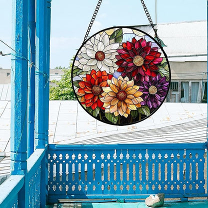 Stained Glass Window Hanging, Colorful Flowers Sun Catcher for Window Door Home Decor Plant Suncatcher Christmas Mother's Day Birthday Gifts for Women Men Mom and Nana 15 in