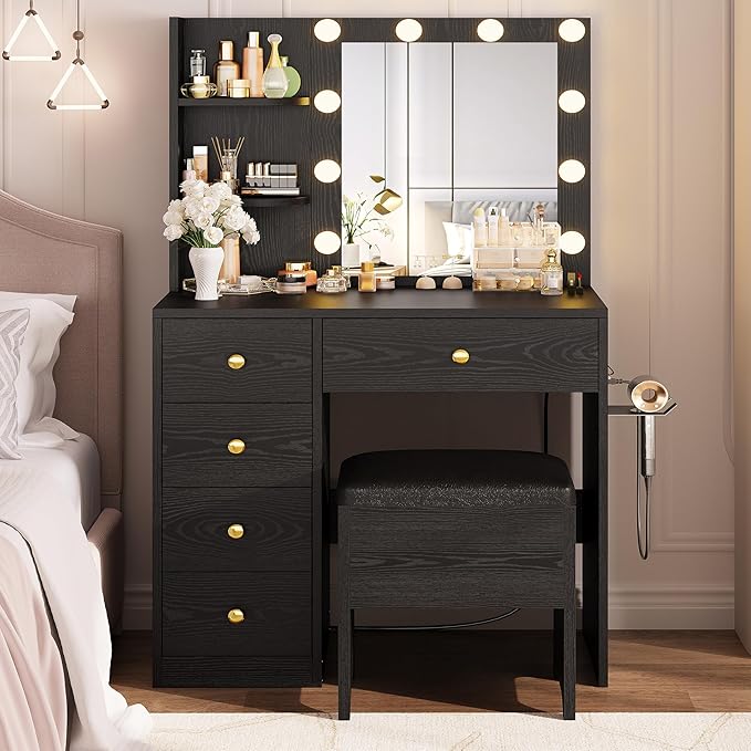 IRONCK Vanity Desk with Mirror and Lights, Small Makeup Vanity Table with 5 Drawers, Power Outlet, and Vanity Stool, 3 Lighting Colors, Dressing Table for Women Girls Bedroom, Black