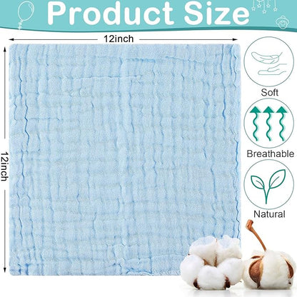Chumia 30 Pcs Baby Muslin Washcloths Muslin Burp Cloths Baby Towel Natural Cotton Burp Cloths Wipes Soft Newborn Face Towel Absorbent for Face Bath Shower, 12 x 12''(Blue, White, Green, Yellow, Pink)