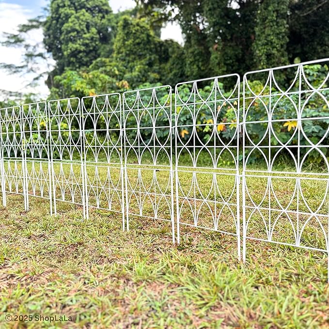 ShopLaLa Decorative Garden Fence (10 Panels) 12.5in(L) x 31in(H) Animal Barrier Fencing Rustproof White Metal Wire Flower Edging for Landscape, Tall Large No Dig Fences Back Yard Pet Porch Gate D-F30D