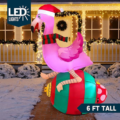 Joiedomi 6 ft Christmas Inflatable Flamingo on Ornament Decorations, Blow Up Inflatables with Build-in LEDs for Christmas Party Indoor, Outdoor, Yard, Garden, Lawn Décor, Holiday Season