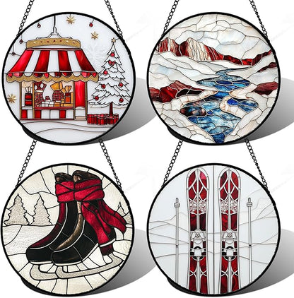 Stained Glass Window Hanging 4 Pcs Set Winter Skiing Red Christmas House 7.8" - Suncatcher Door Garden Sun Catcher Decor Birthday Mother's Day for Mom Woman Nana Friend