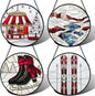 Stained Glass Window Hanging 4 Pcs Set Winter Skiing Red Christmas House 7.8" - Suncatcher Door Garden Sun Catcher Decor Birthday Mother's Day for Mom Woman Nana Friend