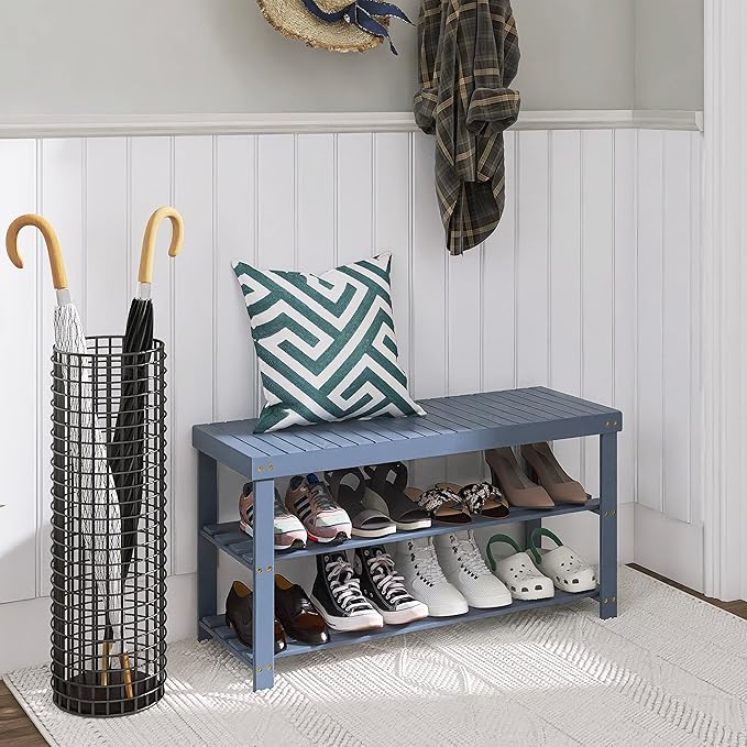 SMIBUY Bamboo Shoe Rack Bench, 3-Tier Shoe Organizer Storage Shelf for Entryway Hallway Bathroom Living Room (Grey)