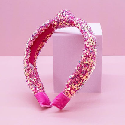FROG SAC Sequin Knot Headband for Girls, Pink Knotted Hair Bands Accessories for Kids, Sparkly Iridescent Little Girl Headbands, Cute Fashion Hairbands for Tweens Stocking Stuffers for Children
