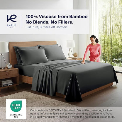 Kickoff Viscose Bamboo Sheets Queen Size 4-pc 100% Organic Bamboo Viscose Bed Cooling Sheets Queen Size Set Cool Bedding for hot Sleepers Sheet, Flat, Fitted, Pillowcases (Pewter, Q)
