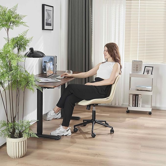 YOUNIKE Beige Home Office Desk Chair with Wheels Swivel Comfy Armless Vanity Chair with Back Modern Leather Upholstered Rolling Task Chair Small Cute Drafting Sewing Chair No Arms Adjustable