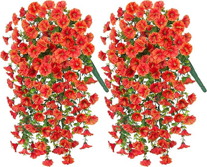 Artificial Faux Fall Hanging Flowers Plants for Outdoor Decor,2 PCS Fake Silk Morning Glory with Eucalyptus UV Resistant Realistic Mums for Wall Home Porch Patio Balcony Yard Indoor Decor, Orange