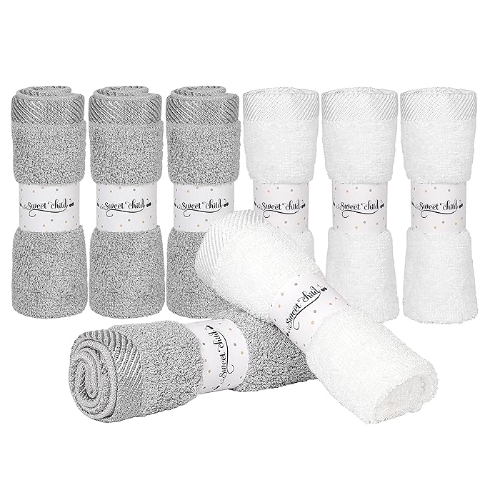 Sweet Child 8-Pack Baby Washcloths -Super Soft Rayon,Wash Cloths for Newborn,Infants and Kids, Bath Baby Towels, for Body and Face (Grey/White)