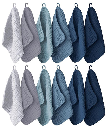 Ease Cubs 12 Pack Muslin Washcloths for Baby - 100% Cotton Baby Wash Cloths for or Baby Face Body Comfy and Soft for Newborn Infants Kids Girls and Boys - 12"x12" - Slate, Grey and Navy Series