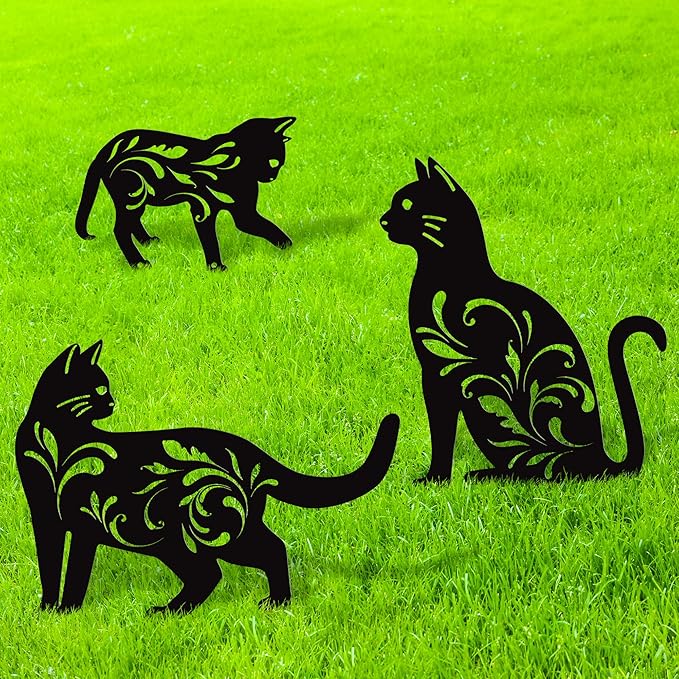 URATOT 3 Pack Metal Cat Garden Statues Black Cat Silhouette Cats Decorative Stakes Garden Outdoor Statues Animal Stakes for Yard Decor and Lawn Ornaments