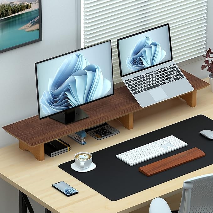 Aothia Large Dual Monitor Stand Riser, Solid Wood Desk Shelf with Eco Cork Legs for Laptop Computer/TV/PC/Printers, Perfect Desktop Stands Organizer with Underneath Storage for Office Accessories