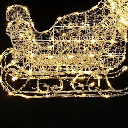 LuxenHome Lighted Reindeer Christmas Outdoor Yard Decorations, Prelit Reindeer and Sleigh Indoor & Outdoor Christmas Decor with 250 LED Lights, Xmas Decorations for Front Porch, Lawn, Garden Display