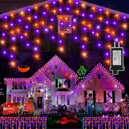 KNONEW 33FT 400 LED Orange Purple Halloween Lights Outdoor Black Wire String Lights with 75 Drops, 8 Lighting Modes, Timer Memory Function Connectable Hanging Curtain Lights for Halloween Party Decor
