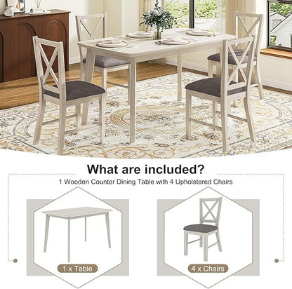 5-Piece Dining Table Set for 4, Solid Wood Kitchen Table Set with 4 Upholstered Dining Chairs, 47'' Farmhouse Structure Table & Chair Set for Kitchen, Dining Room, Restaurant, Washed Gray